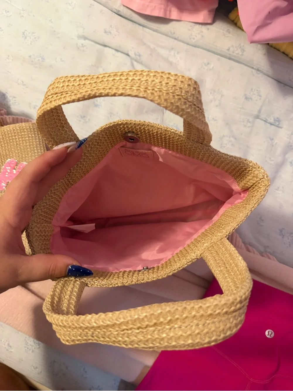 Beach Smiley Daisy Straw Tote Bag - Natural with Pastel Letters